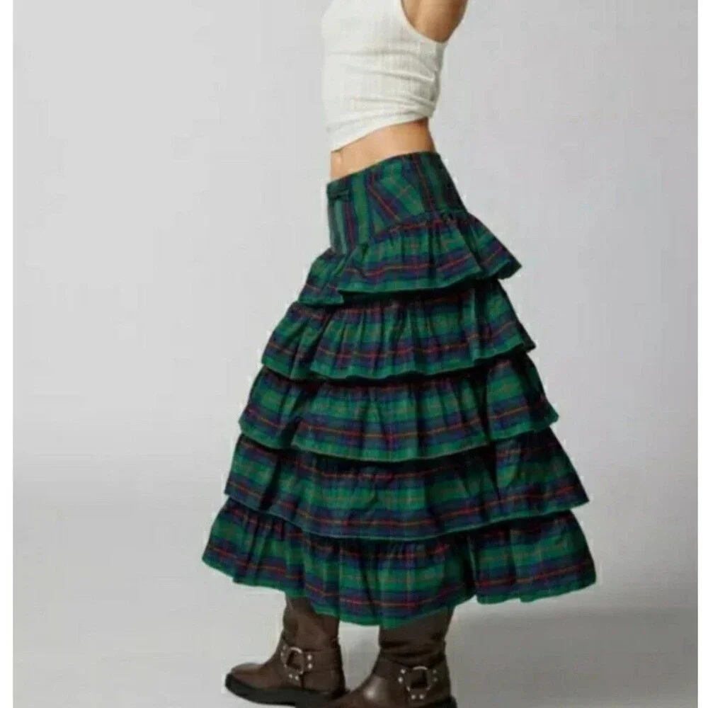 Urban Outfitters Midi Skirt Rainee Tiered Green Plaid Preppy Vacay Small New